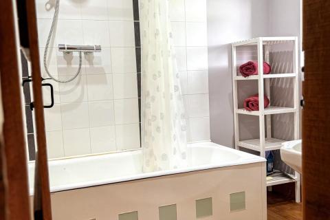 En-suite bathroom with shower and shelving